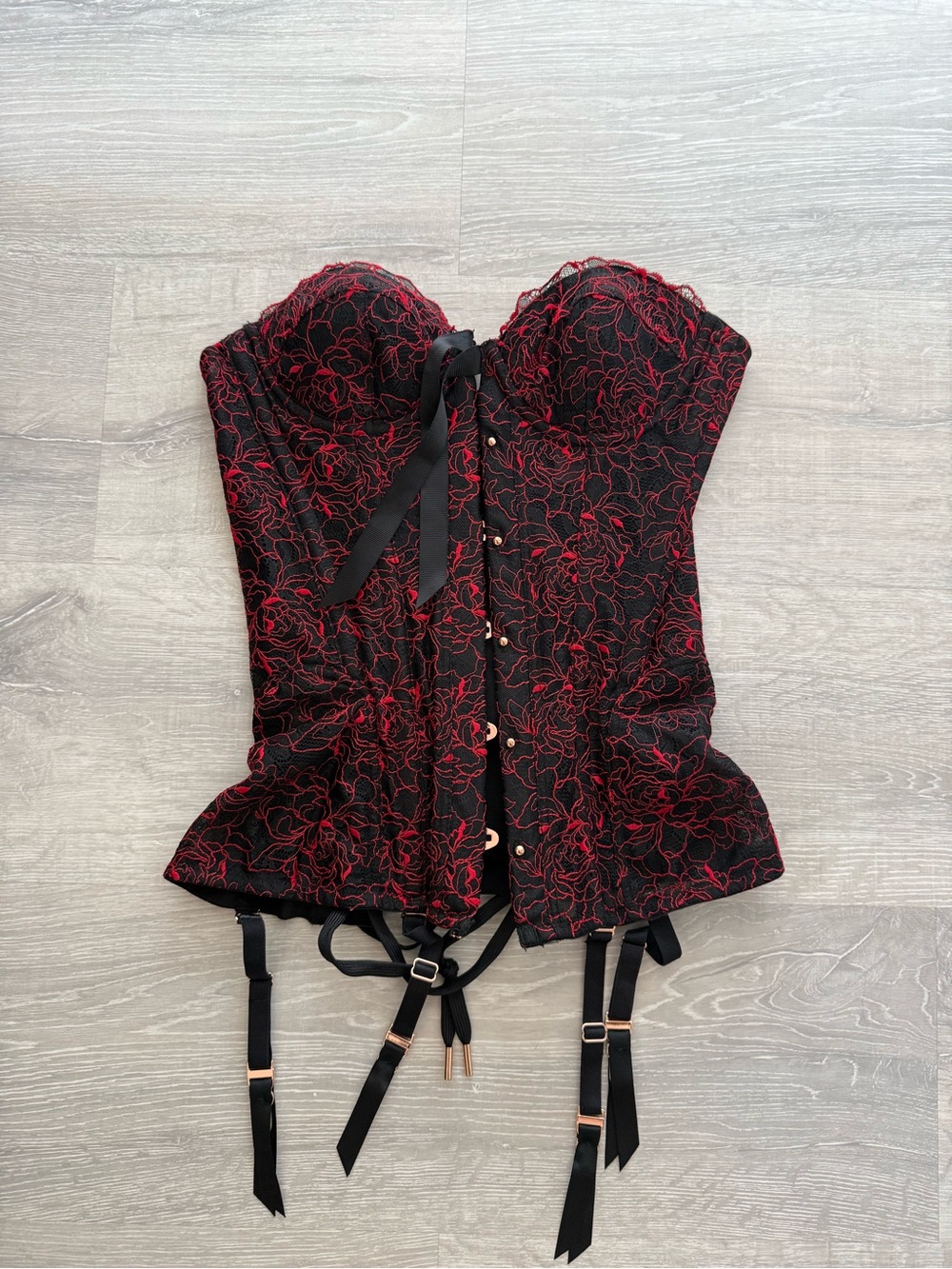 Savage X Fenty Black and Red Lace Bustier Corset with Garter Straps